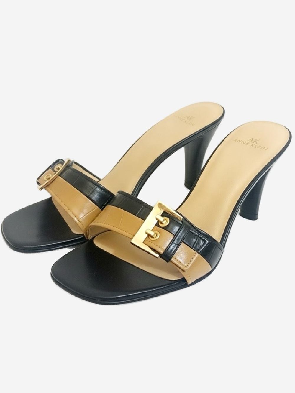 Anne Klein AK2 Black And Tan Leather Colorblock Buckle Sandal Pumps Mules 9M